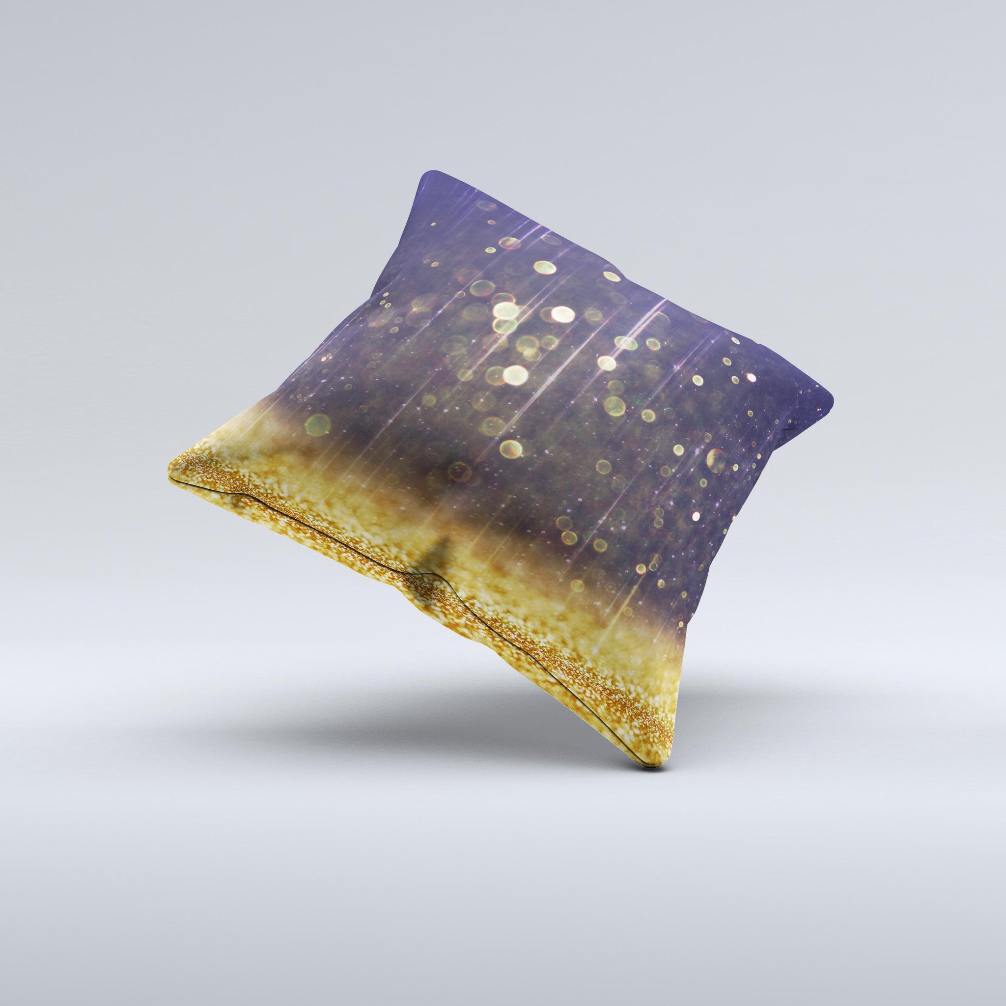 A beautifully handcrafted decorative throw pillow featuring a unique Raining Gold and Purple Sparkle design, made in Virginia.