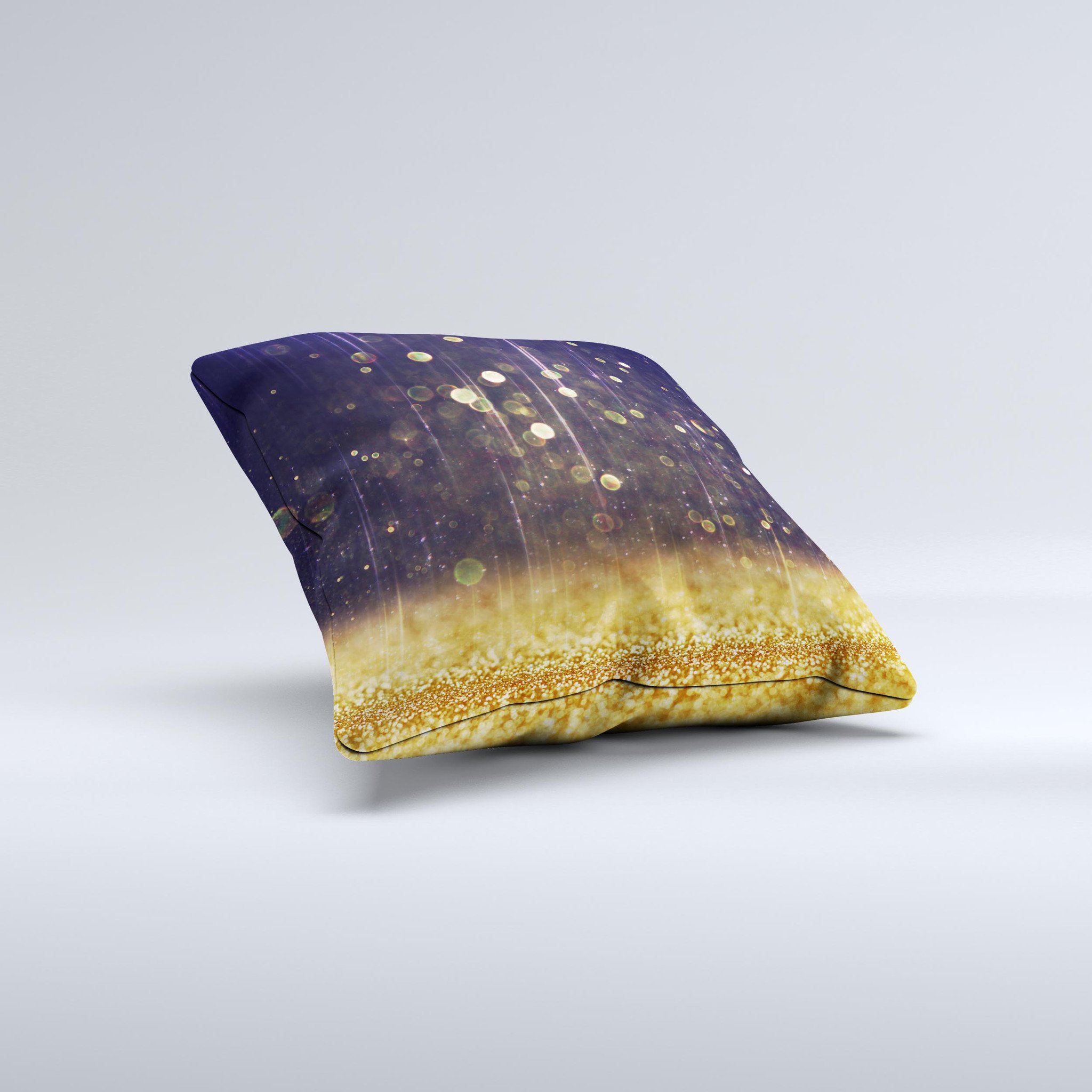 A beautifully handcrafted decorative throw pillow featuring a unique Raining Gold and Purple Sparkle design, made in Virginia.