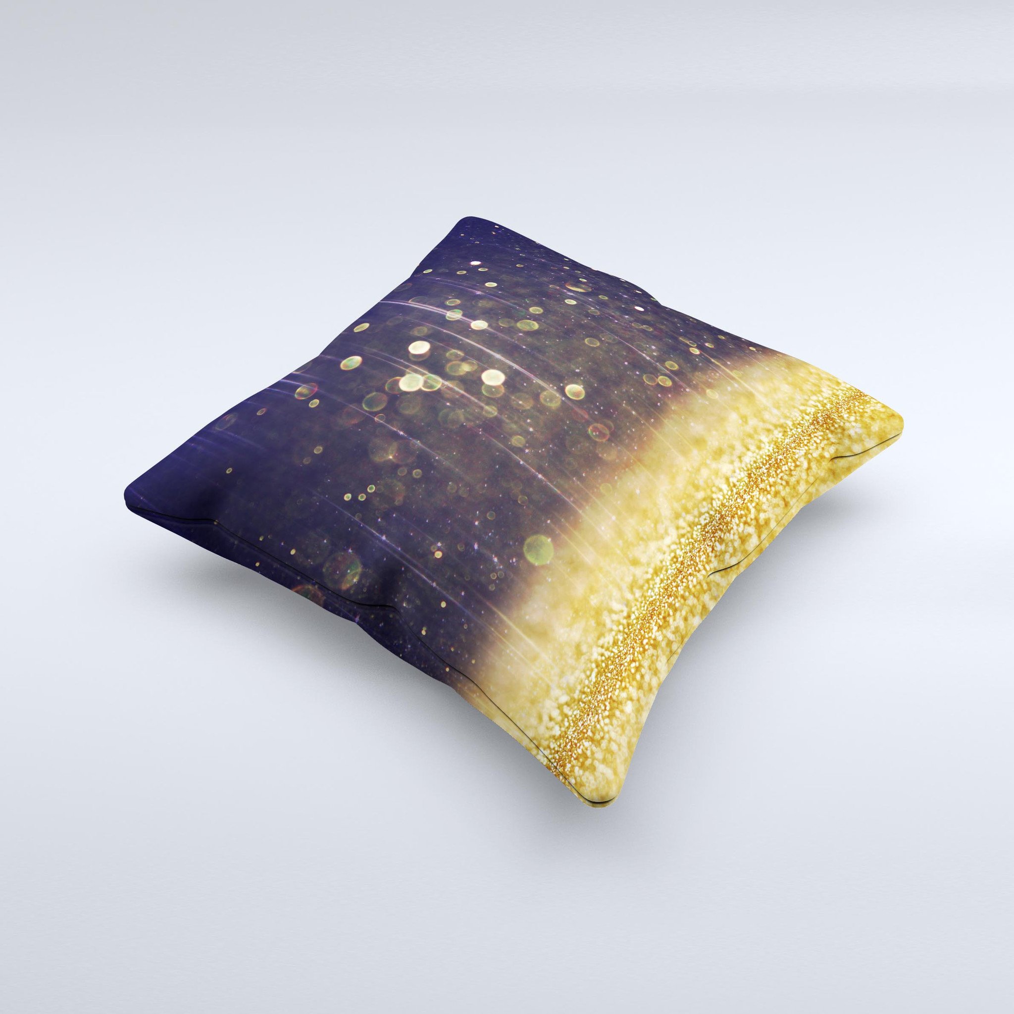 A beautifully handcrafted decorative throw pillow featuring a unique Raining Gold and Purple Sparkle design, made in Virginia.