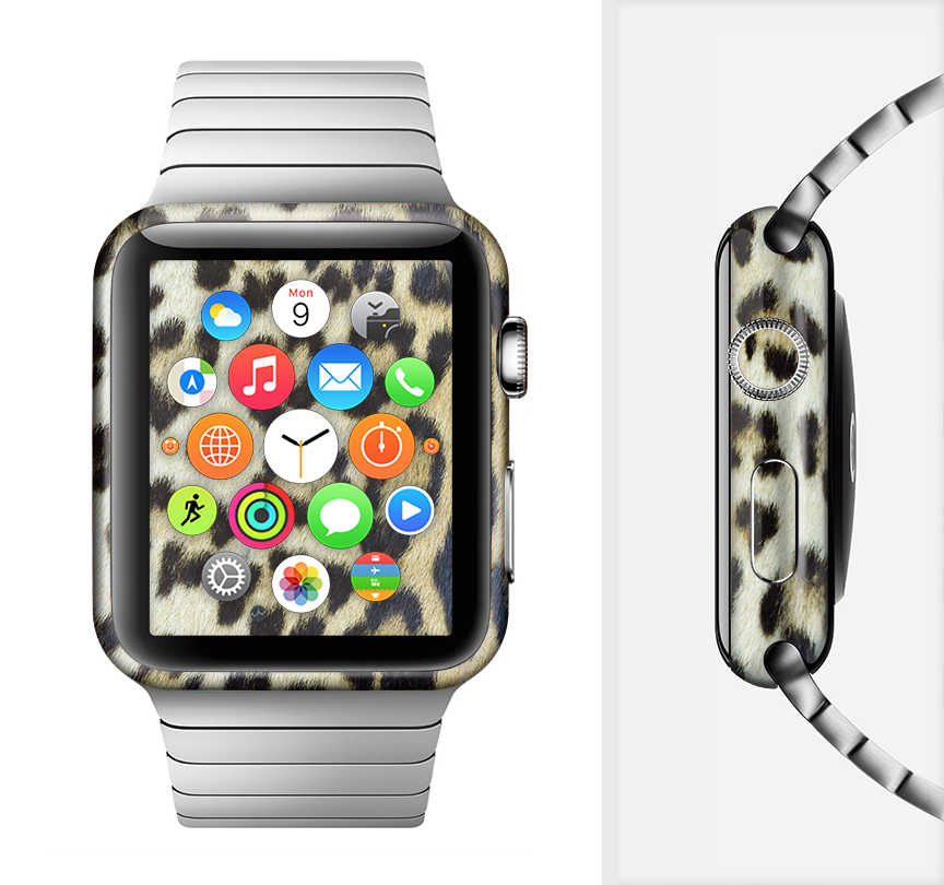Real Leopard Hide V3 Full-Body Skin Kit for Apple Watch, showcasing a stylish leopard print design on premium vinyl material.