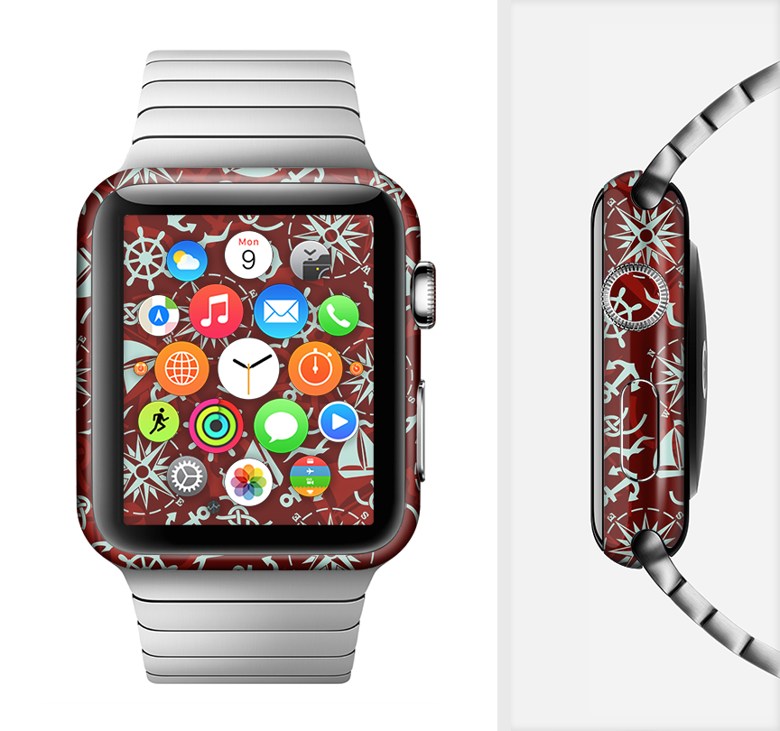 The Red Nautica Collage Full-Body Skin Kit for Apple Watch, showcasing vibrant colors and a stylish design that fits snugly on the device.