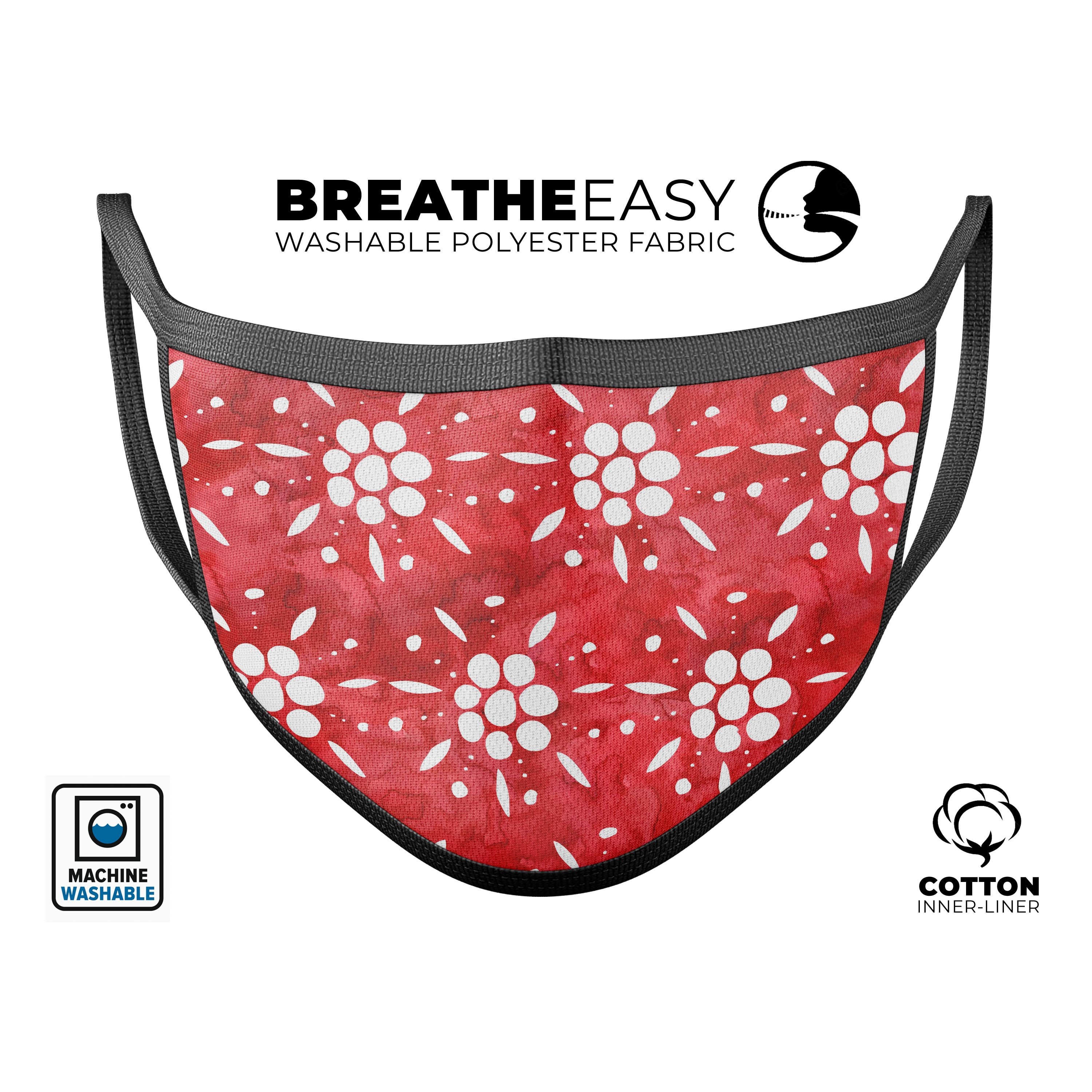 Red Watercolor Floral Pedals mouth cover, showcasing vibrant floral design and adjustable ear loops.