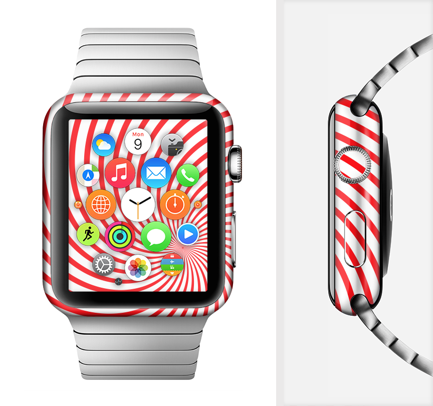 Red and white hypnotic swirl skin kit for Apple Watch, showcasing a vibrant design that enhances the device's appearance.