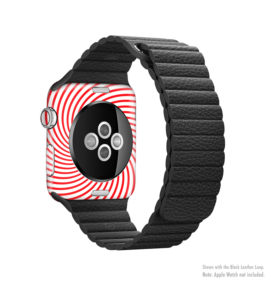 Red and white hypnotic swirl skin kit for Apple Watch, showcasing a vibrant design that enhances the device's appearance.
