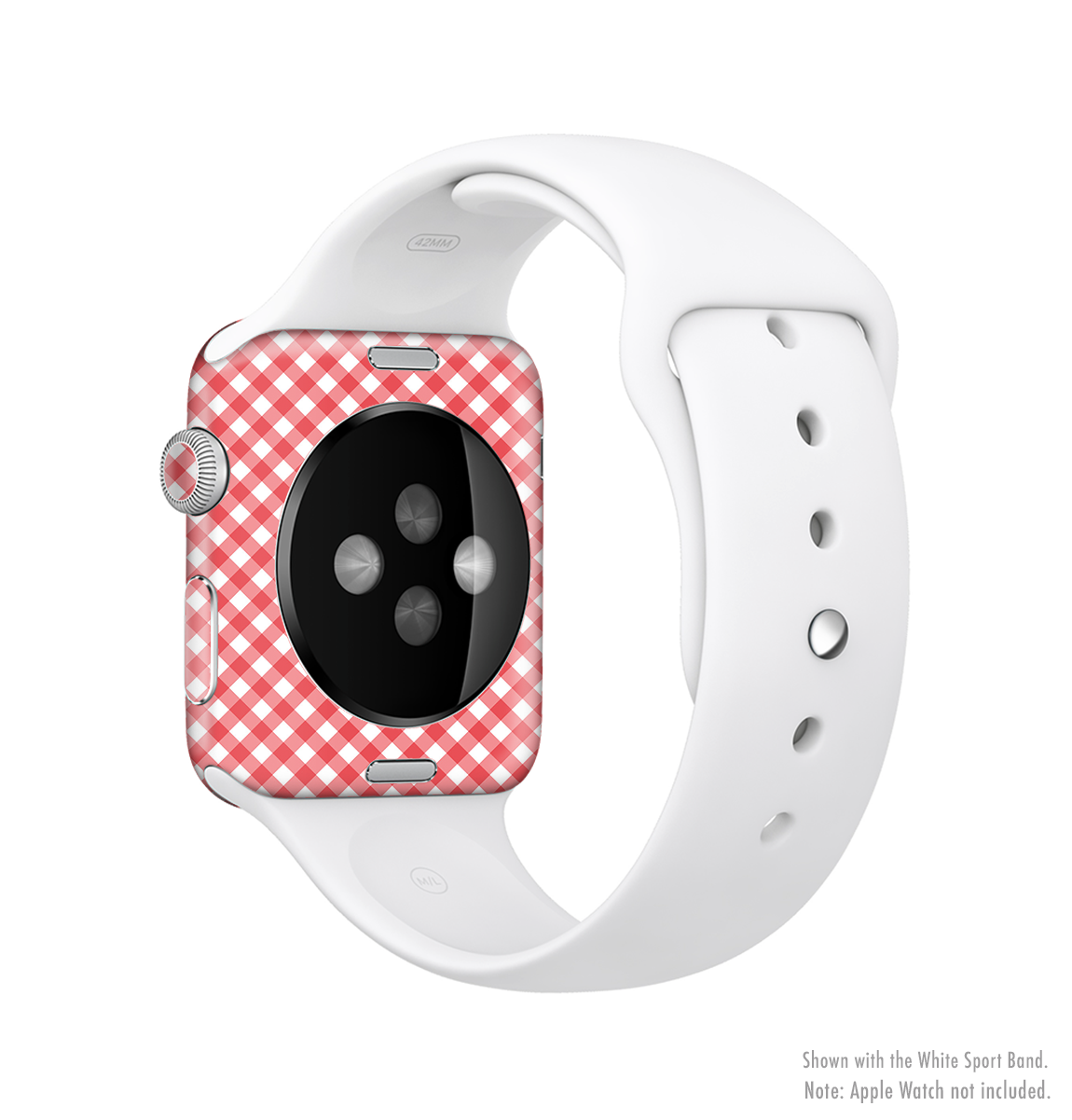 Red and white plaid full-body skin kit for Apple Watch, showcasing stylish design and premium vinyl material.