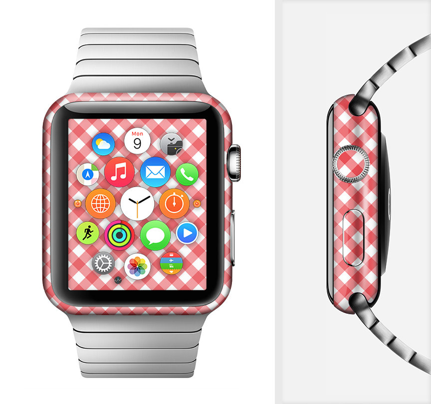 Red and white plaid full-body skin kit for Apple Watch, showcasing stylish design and premium vinyl material.