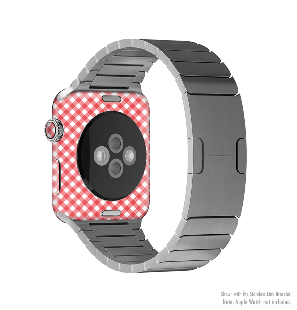 Red and white plaid full-body skin kit for Apple Watch, showcasing stylish design and premium vinyl material.