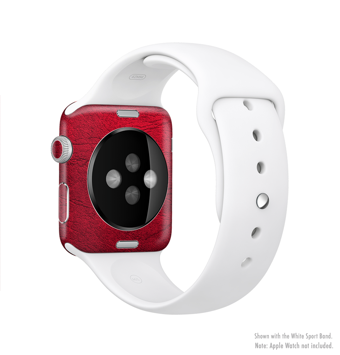 Rich red leather full-body skin kit for Apple Watch, showcasing its sleek design and premium vinyl material.
