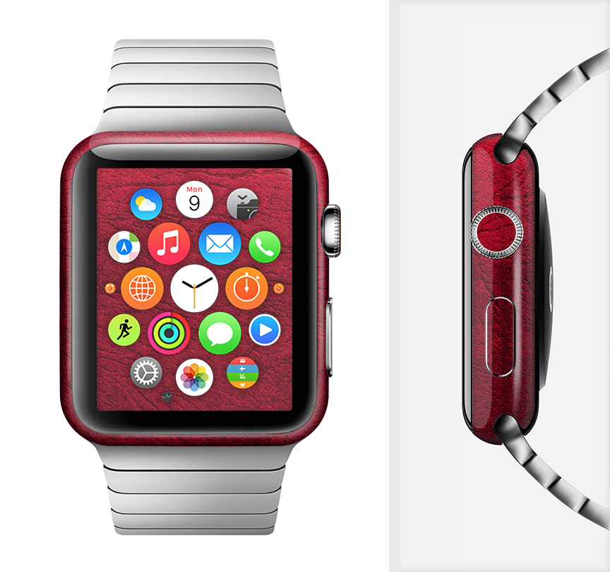 Rich red leather full-body skin kit for Apple Watch, showcasing its sleek design and premium vinyl material.