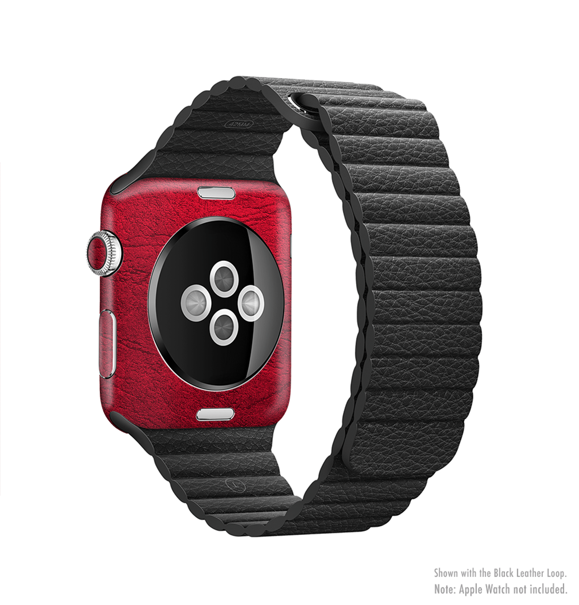 Rich red leather full-body skin kit for Apple Watch, showcasing its sleek design and premium vinyl material.