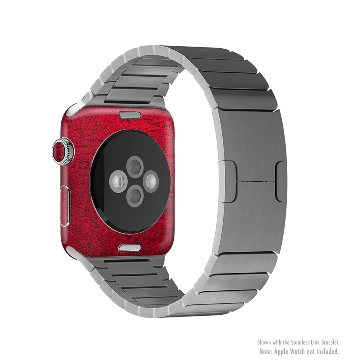 Rich red leather full-body skin kit for Apple Watch, showcasing its sleek design and premium vinyl material.