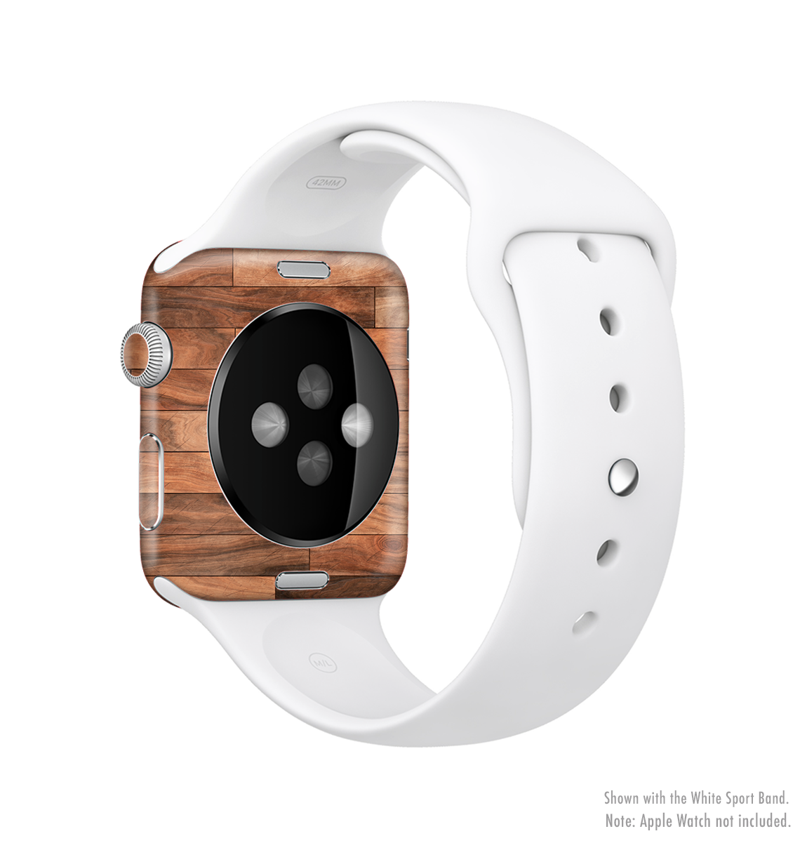 The Rich Wood Planks Full-Body Skin Kit for Apple Watch showcasing a stylish wood design with a smooth finish.