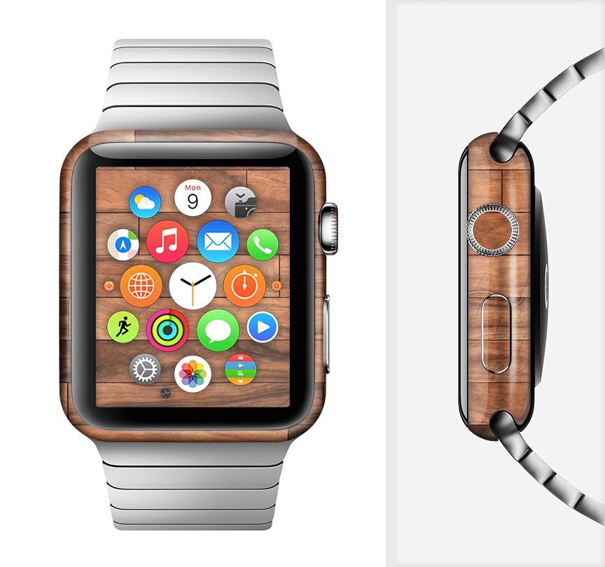 The Rich Wood Planks Full-Body Skin Kit for Apple Watch showcasing a stylish wood design with a smooth finish.