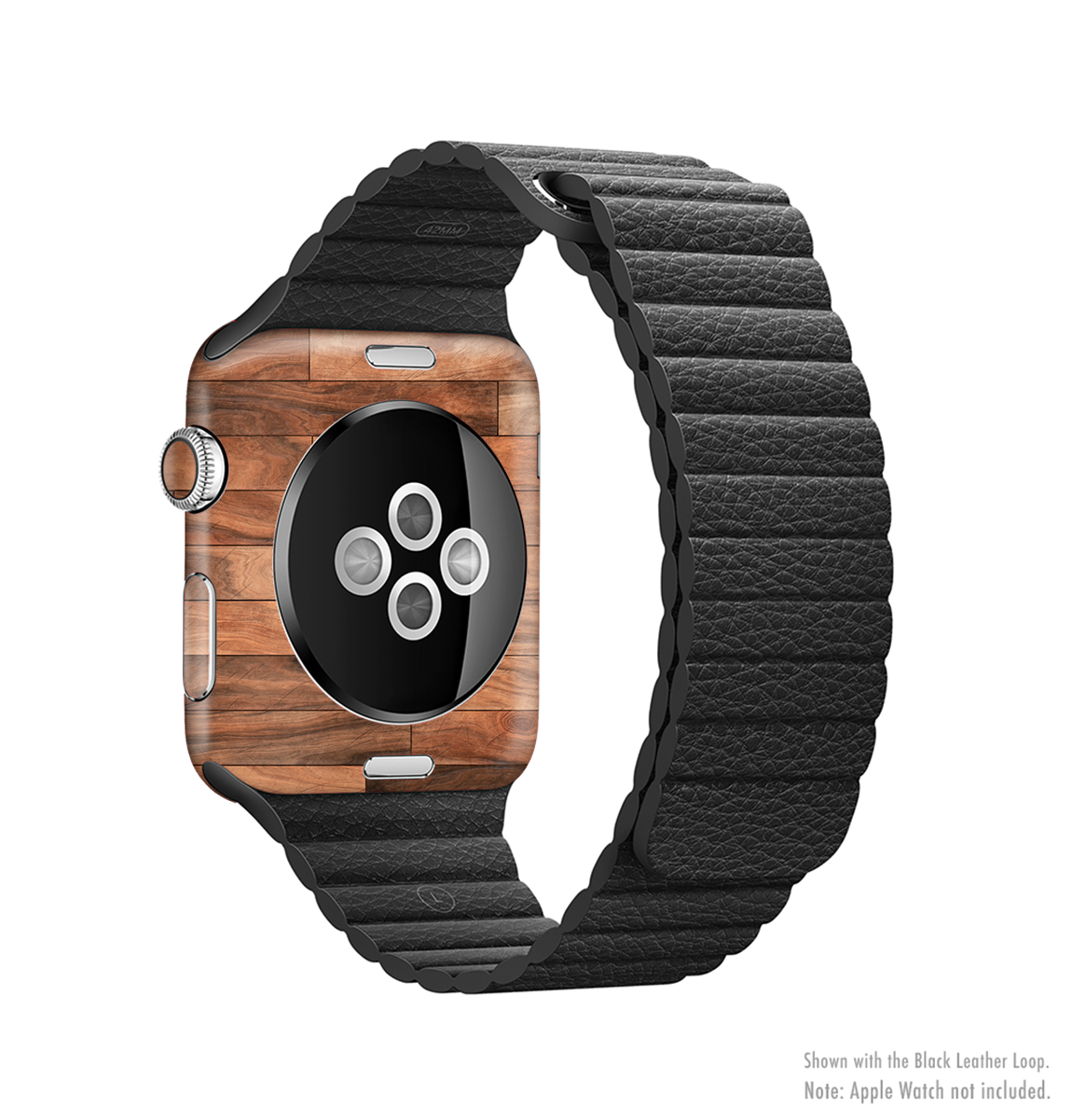 The Rich Wood Planks Full-Body Skin Kit for Apple Watch showcasing a stylish wood design with a smooth finish.