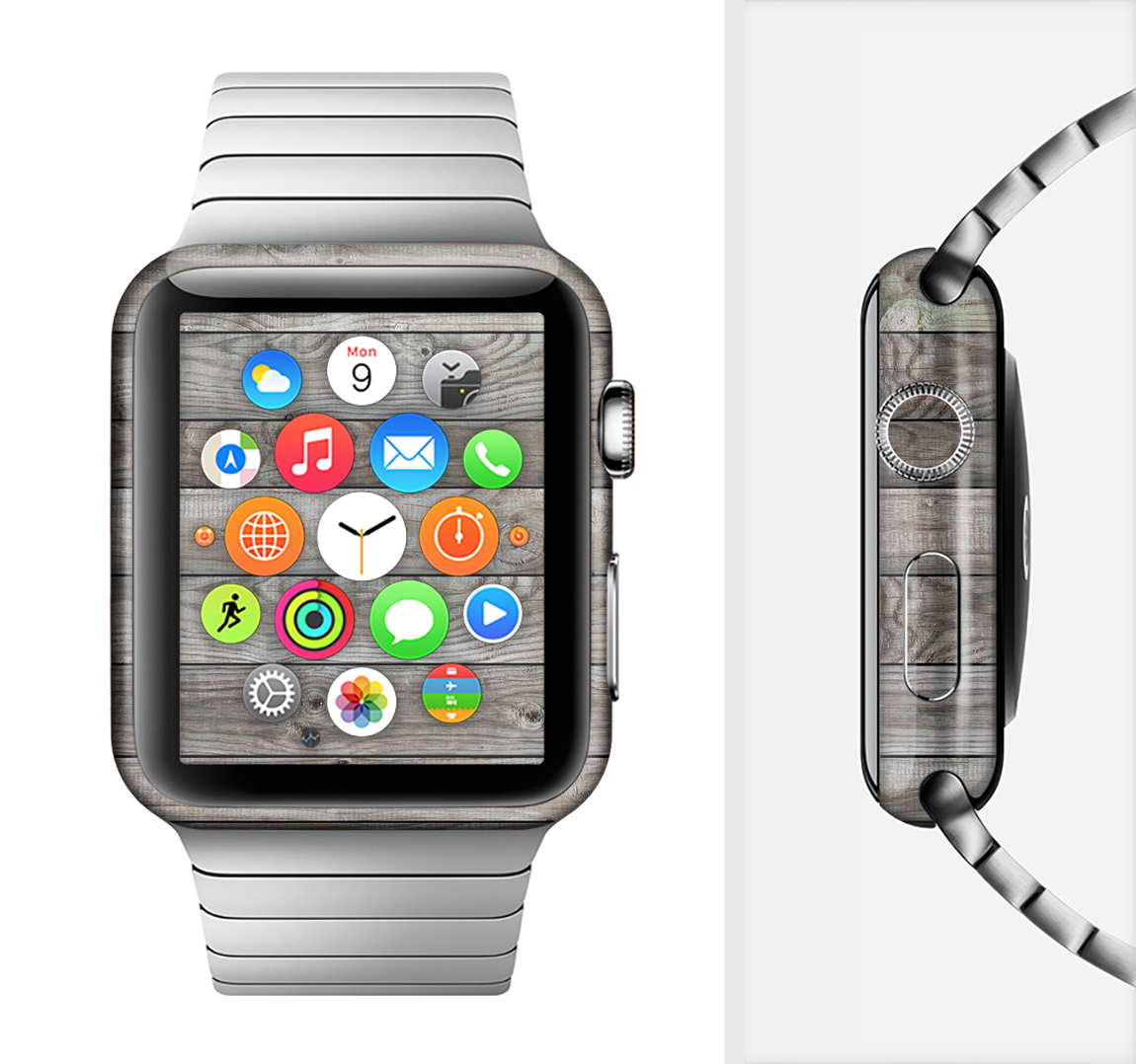 Rough Wooden Planks V4 Full-Body Skin Kit for Apple Watch, showcasing a stylish wooden design that fits seamlessly on the device.