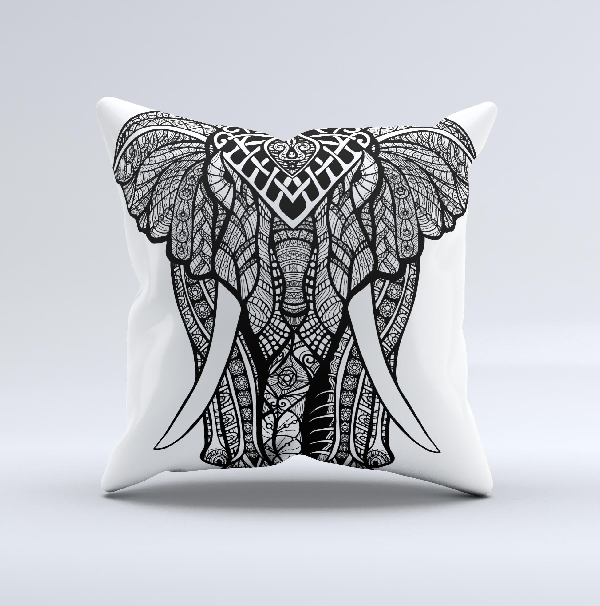 A beautifully crafted decorative throw pillow featuring an ornate elephant design, showcasing vibrant colors and intricate details, perfect for home decor.