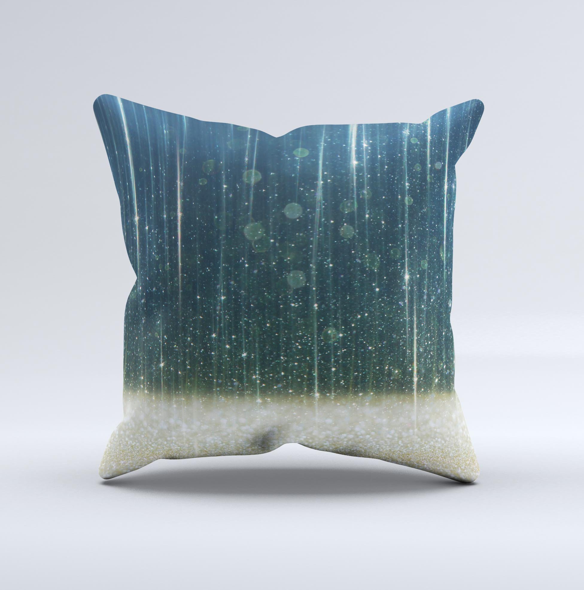 A handcrafted decorative throw pillow featuring a scratched blue and gold design, showcasing unique patterns and textures.