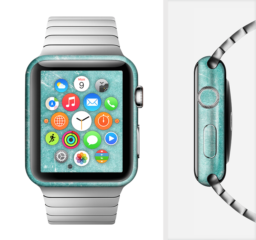 Scratched Turquoise Surface Full-Body Skin Kit for Apple Watch, showcasing vibrant turquoise color and premium vinyl material.