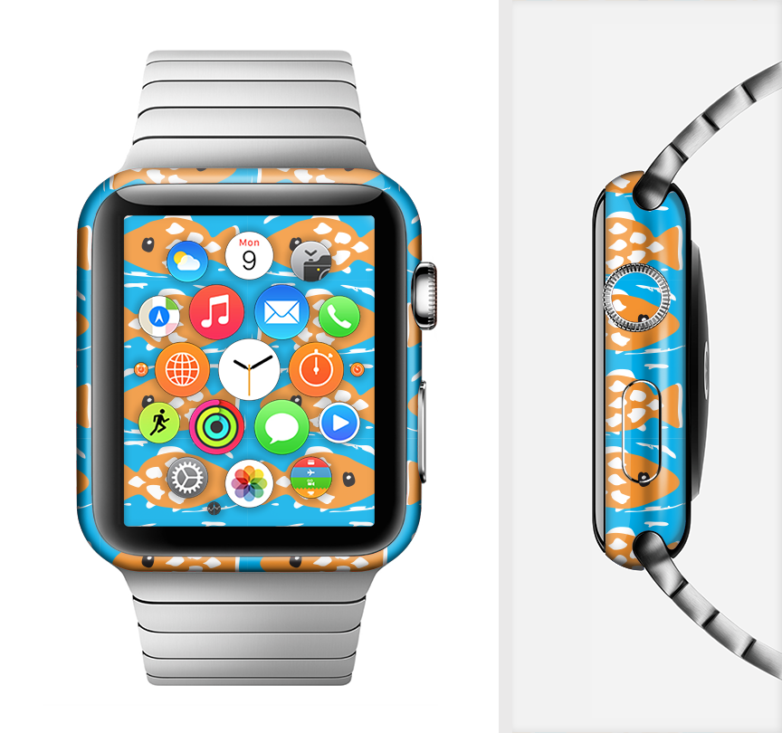 Seamless Vector Gold Fish Full-Body Skin Kit for Apple Watch showcasing vibrant gold fish design on a sleek watch.