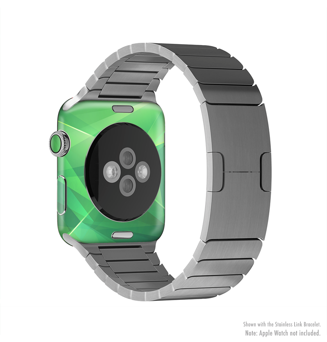 The Shiny Vector Green Crystals Full-Body Skin Kit for Apple Watch, showcasing a vibrant green crystal design on a sleek watch.