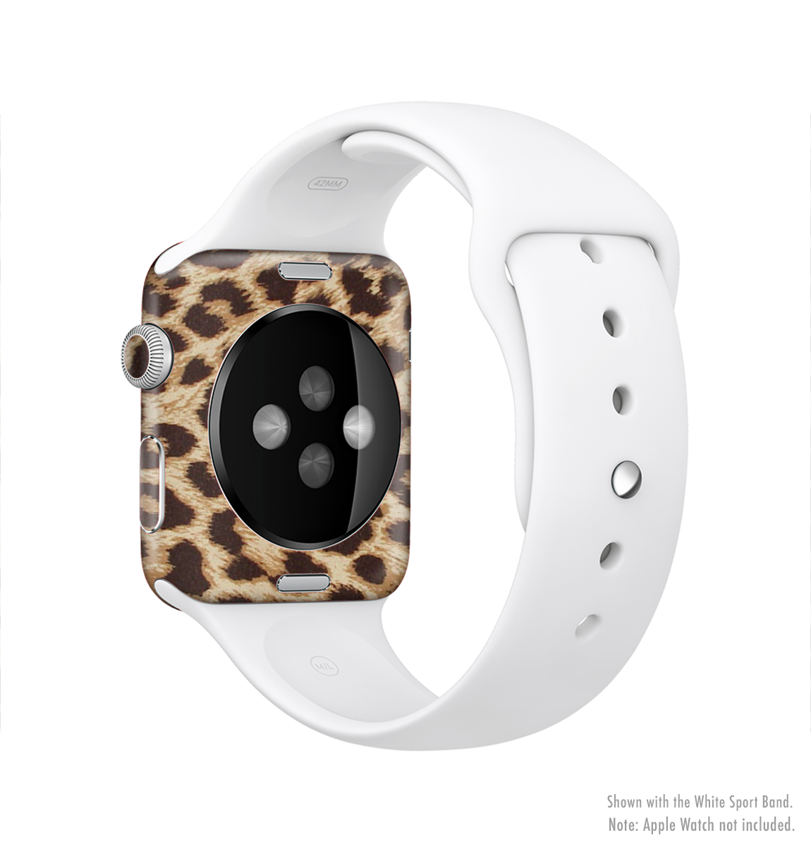 A stylish Apple Watch covered with a cheetah print vinyl skin, showcasing its sleek design and vibrant colors.