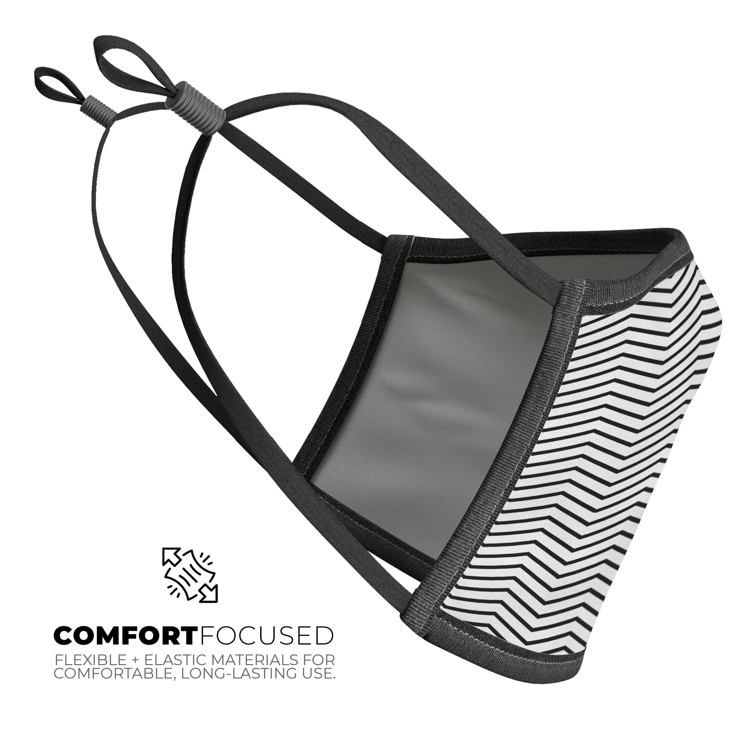 Slate Black Chevron Pattern face mask with clear backing, showcasing adjustable ear-loops and soft cotton interior.