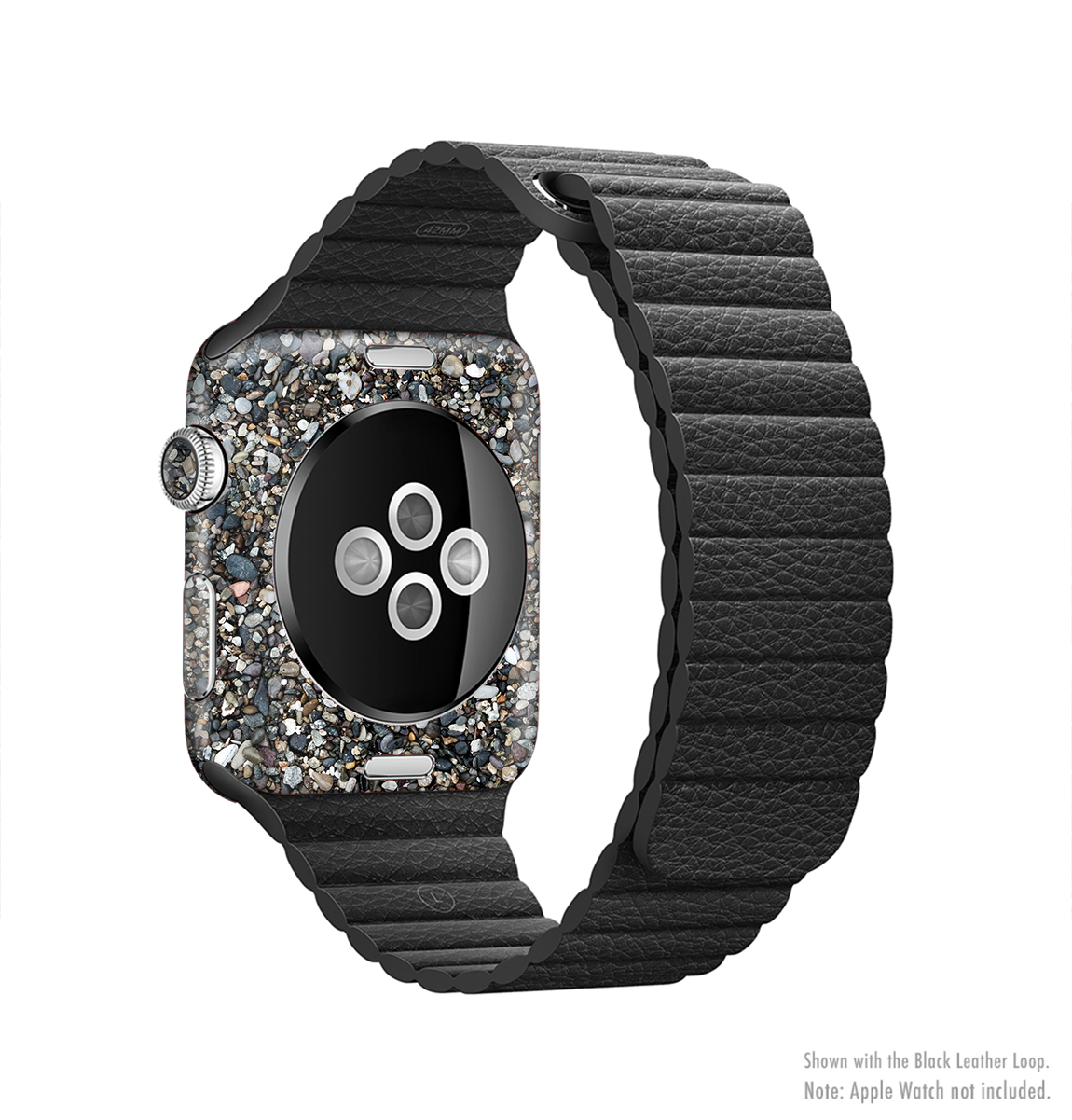 The Small Dark Pebbles Full-Body Skin Kit for Apple Watch, showcasing a sleek dark pebble texture that enhances the device's appearance.
