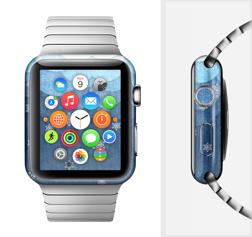 The Snowy Blue Paper Scene Full-Body Skin Kit for Apple Watch, showcasing a stylish blue design with a premium vinyl finish.