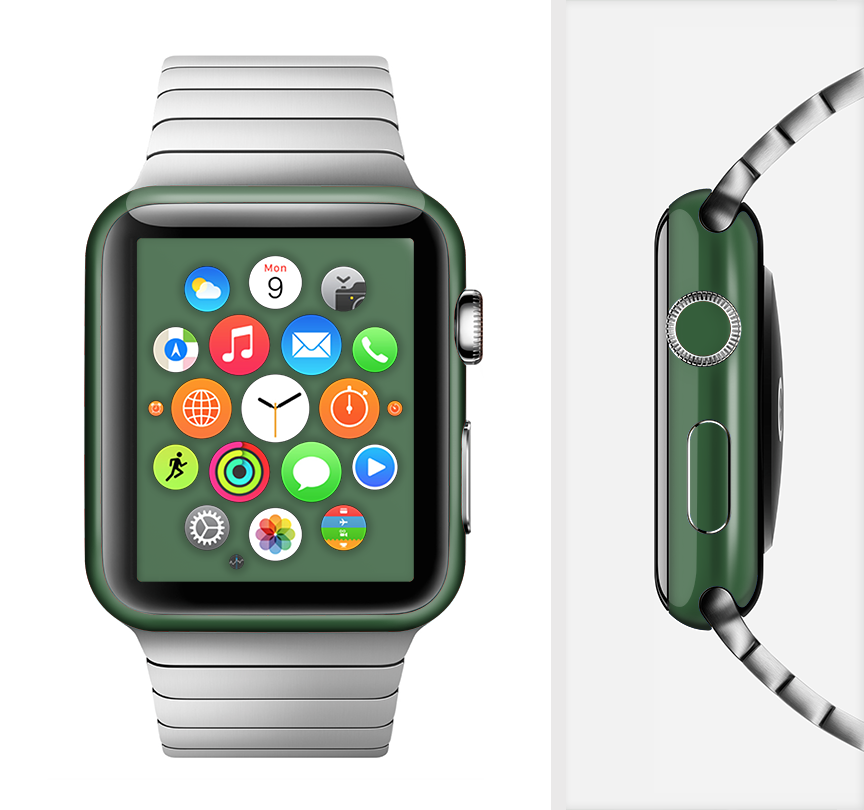 Solid Hunter Green Full-Body Skin Kit for Apple Watch, showcasing a sleek design and premium vinyl material.
