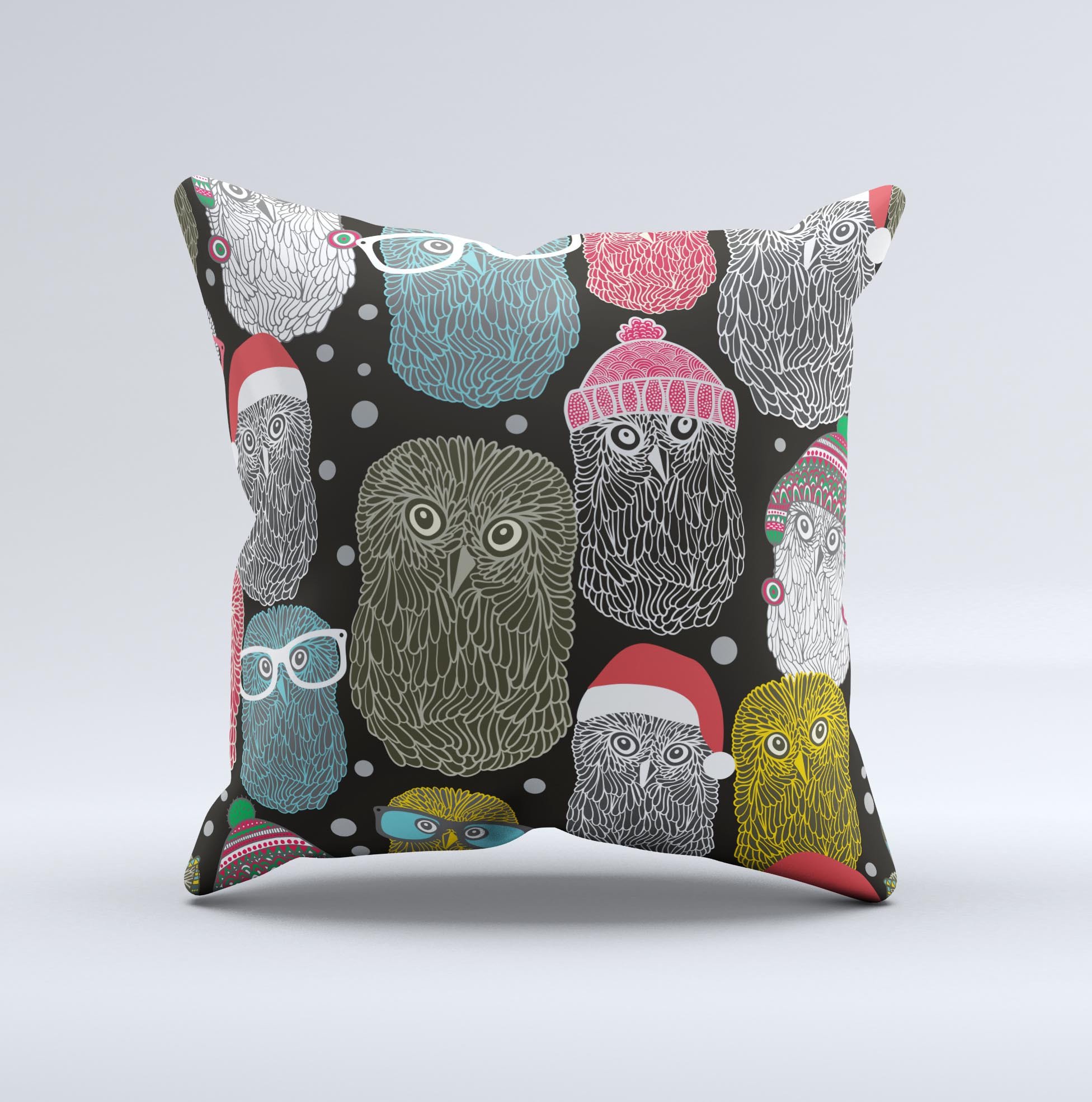 A decorative throw pillow featuring whimsical spaced out owls design, handcrafted in Virginia with high-quality fabric and filling.