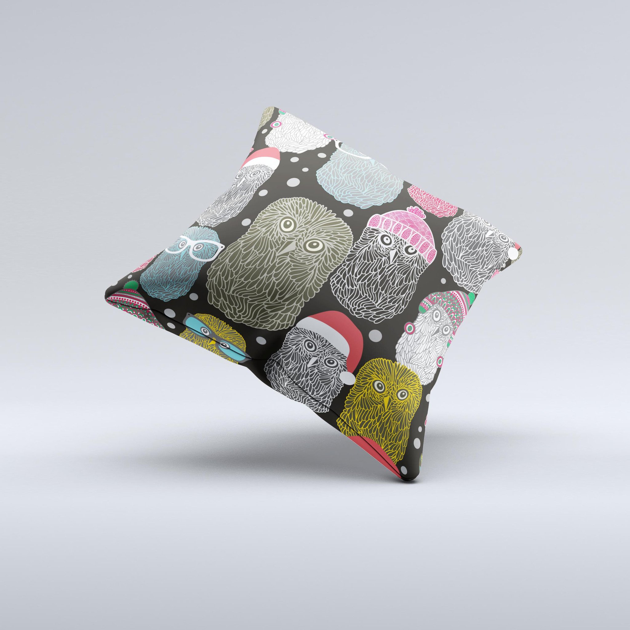 A decorative throw pillow featuring whimsical spaced out owls design, handcrafted in Virginia with high-quality fabric and filling.