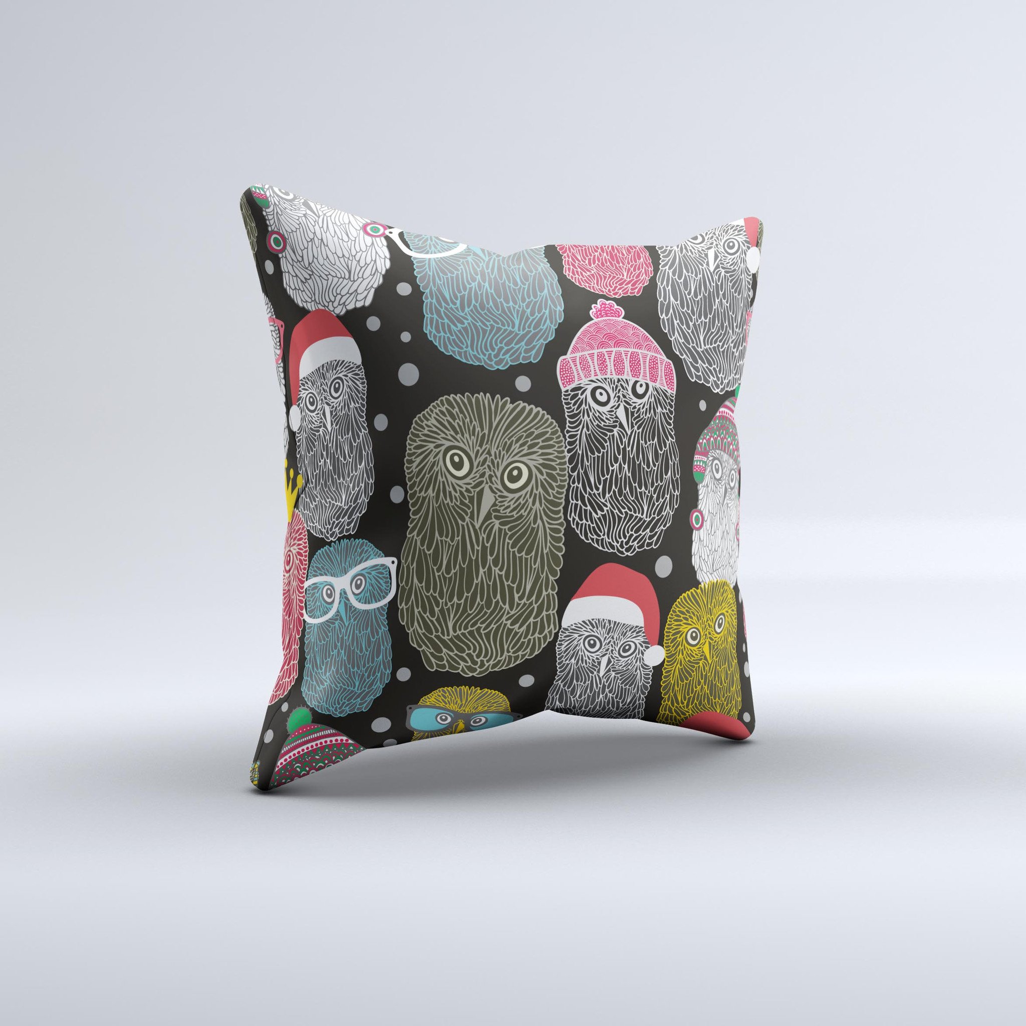 A decorative throw pillow featuring whimsical spaced out owls design, handcrafted in Virginia with high-quality fabric and filling.