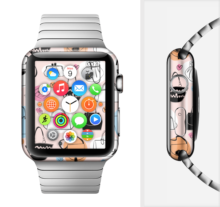 The Subtle Pink And Purses Full-Body Skin Kit for Apple Watch, showcasing a stylish pink design with a smooth finish.