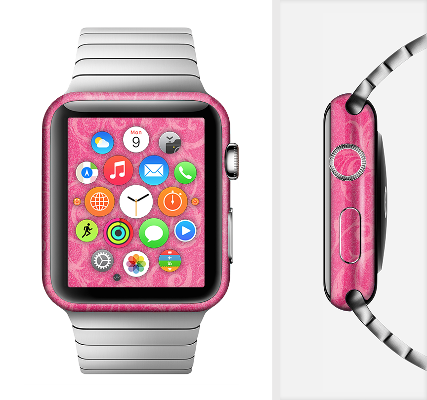 The Subtle Pink Floral Laced Full-Body Skin Kit for Apple Watch, showcasing a delicate floral pattern on a sleek vinyl surface.