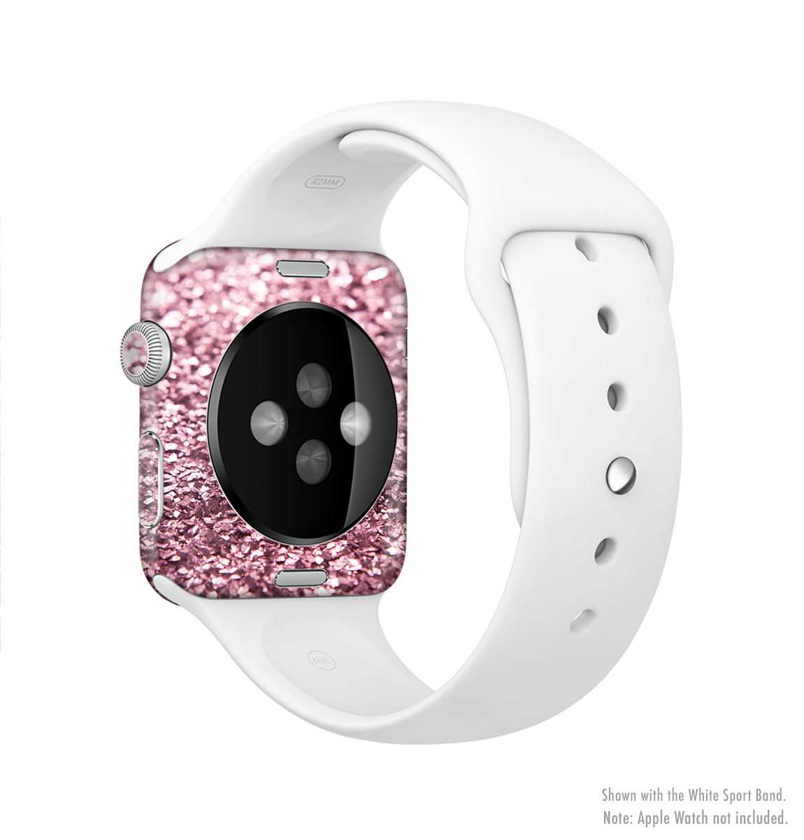 The Subtle Pink Glimmer Full-Body Skin Kit for Apple Watch, showcasing a stylish pink glimmer design that fits perfectly on the device.