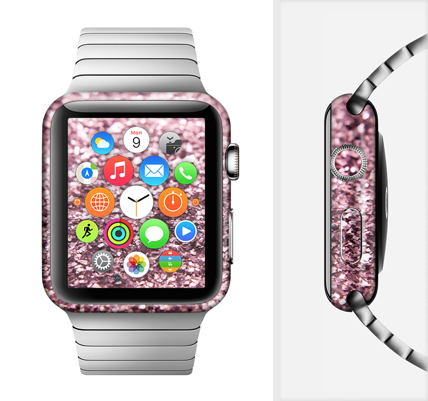The Subtle Pink Glimmer Full-Body Skin Kit for Apple Watch, showcasing a stylish pink glimmer design that fits perfectly on the device.