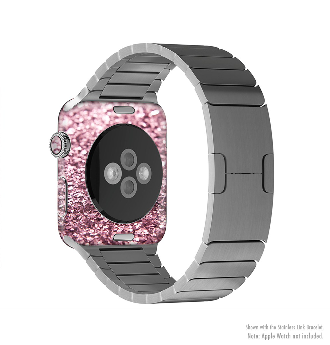 The Subtle Pink Glimmer Full-Body Skin Kit for Apple Watch, showcasing a stylish pink glimmer design that fits perfectly on the device.