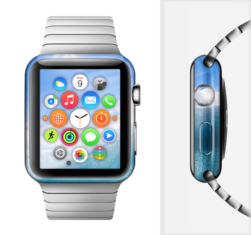 The Sunny Day Waves Full-Body Skin Kit for Apple Watch featuring vibrant wave patterns and a sleek design.