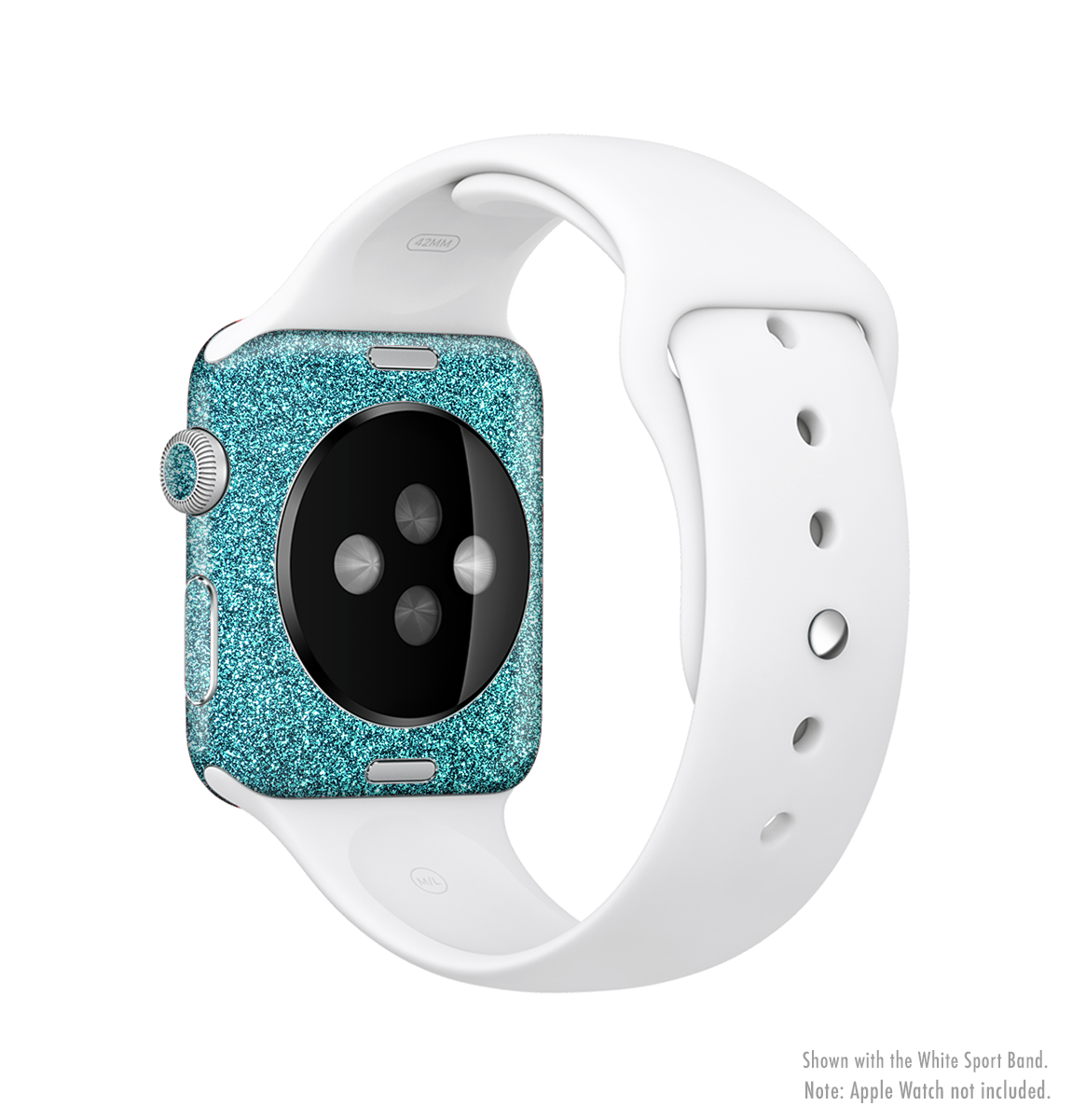 Teal Glitter Ultra Metallic Full-Body Skin Kit for Apple Watch, showcasing a vibrant teal glitter finish that wraps around the device.