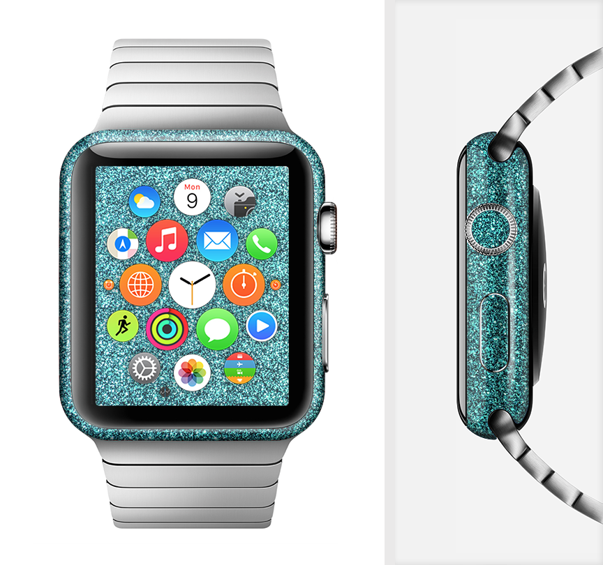 Teal Glitter Ultra Metallic Full-Body Skin Kit for Apple Watch, showcasing a vibrant teal glitter finish that wraps around the device.
