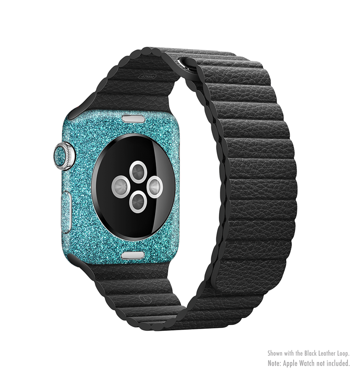Teal Glitter Ultra Metallic Full-Body Skin Kit for Apple Watch, showcasing a vibrant teal glitter finish that wraps around the device.