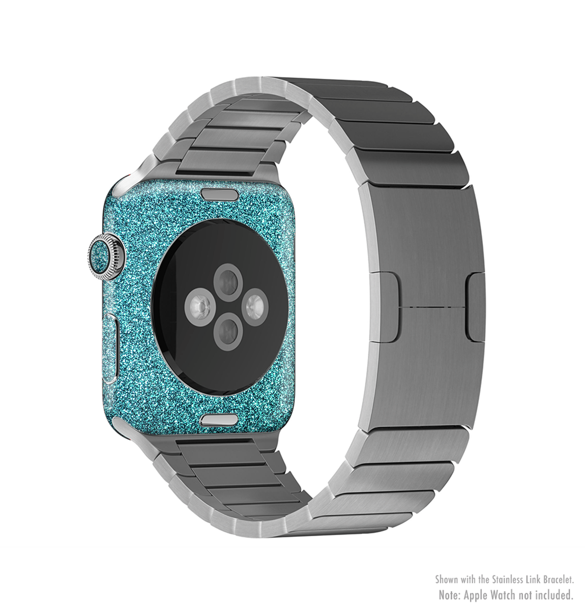 Teal Glitter Ultra Metallic Full-Body Skin Kit for Apple Watch, showcasing a vibrant teal glitter finish that wraps around the device.
