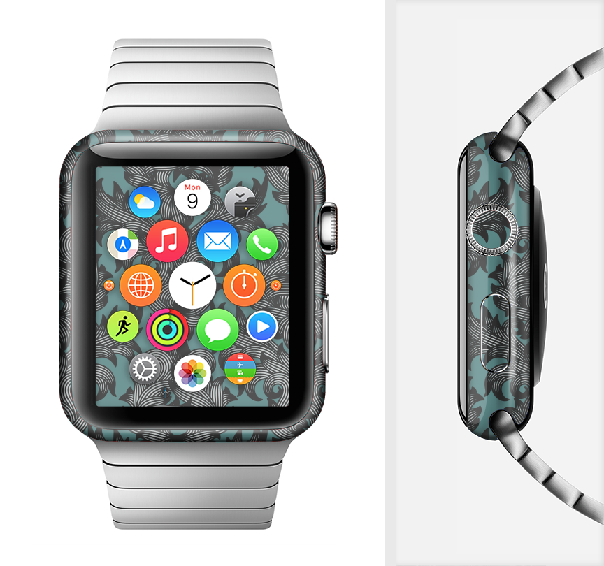 Teal Leaf Foliage Pattern Full-Body Skin Kit for Apple Watch, showcasing vibrant colors and intricate leaf design.