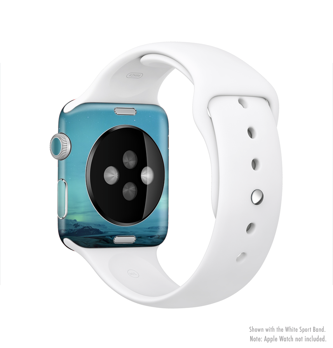 Teal Northern Lights Full-Body Skin Kit for Apple Watch, showcasing vibrant colors and a sleek design.