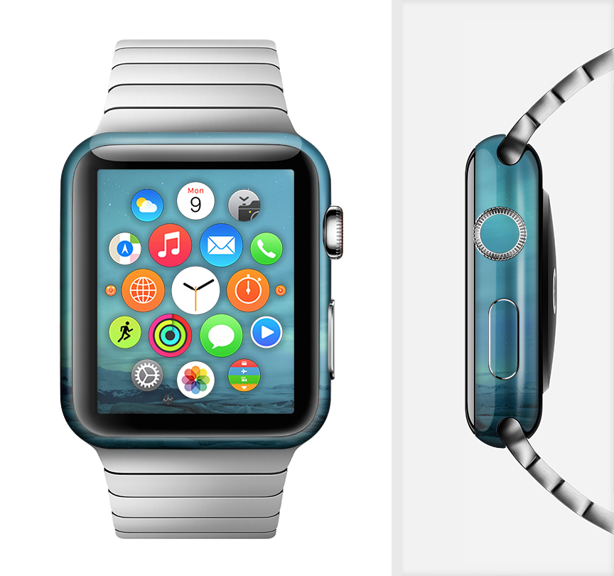 Teal Northern Lights Full-Body Skin Kit for Apple Watch, showcasing vibrant colors and a sleek design.