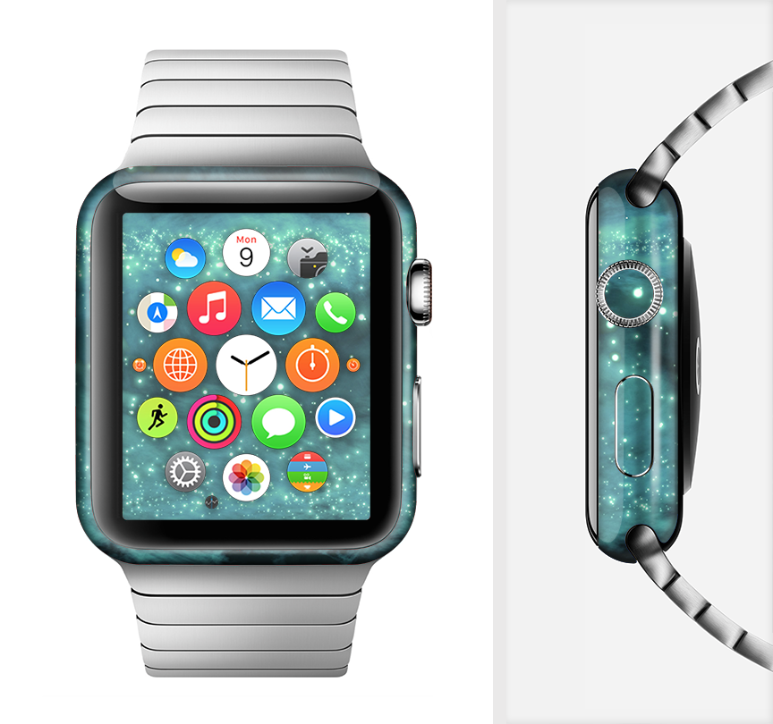 Trendy Green Space Surface Full-Body Skin Kit for Apple Watch, showcasing a vibrant green design that fits snugly around the watch.