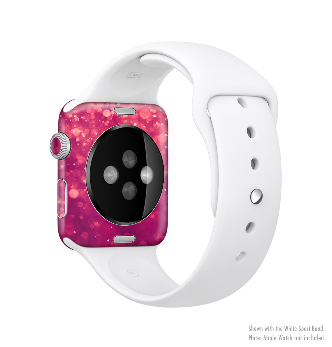 Unfocused Pink Glimmer Full-Body Skin Kit for Apple Watch, showcasing a vibrant pink glimmer design that fits snugly on the device.