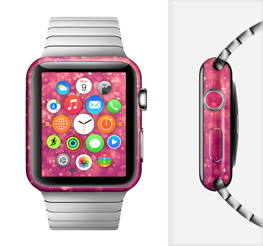 Unfocused Pink Glimmer Full-Body Skin Kit for Apple Watch, showcasing a vibrant pink glimmer design that fits snugly on the device.