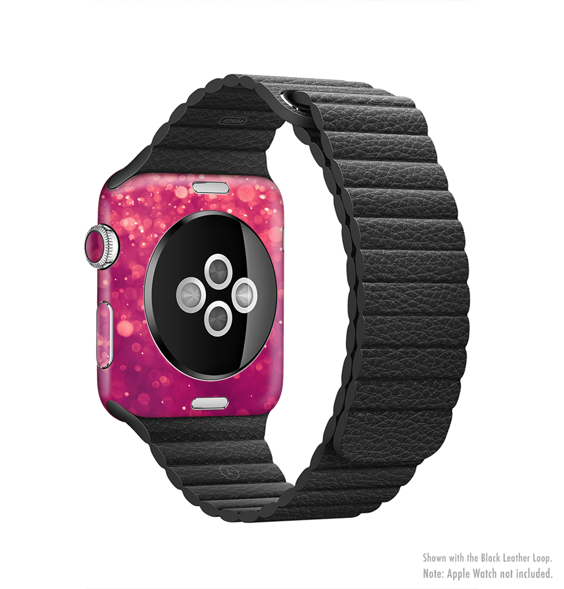 Unfocused Pink Glimmer Full-Body Skin Kit for Apple Watch, showcasing a vibrant pink glimmer design that fits snugly on the device.