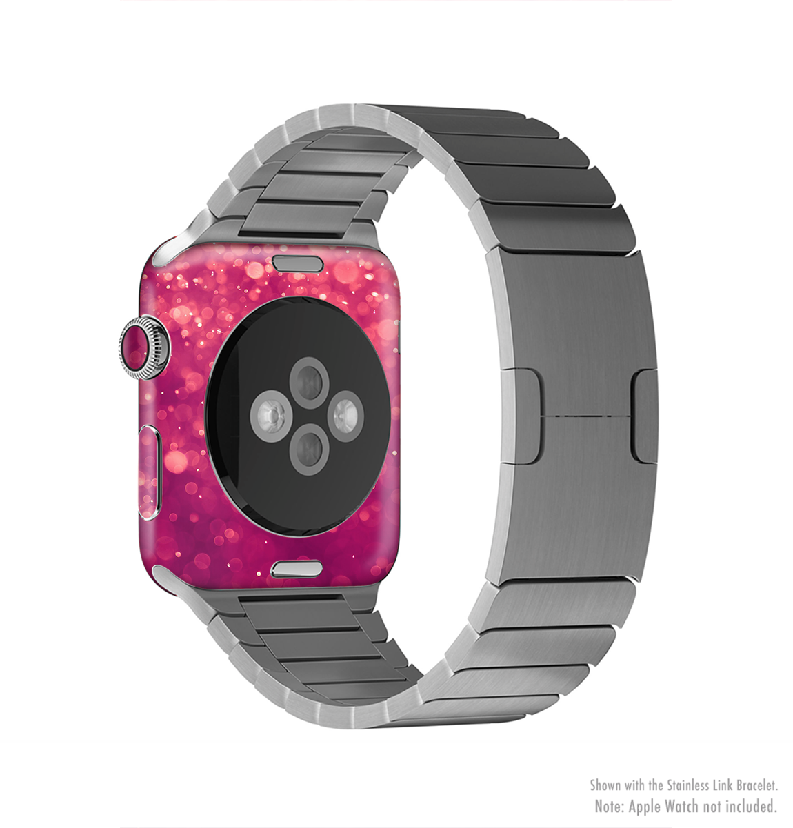 Unfocused Pink Glimmer Full-Body Skin Kit for Apple Watch, showcasing a vibrant pink glimmer design that fits snugly on the device.